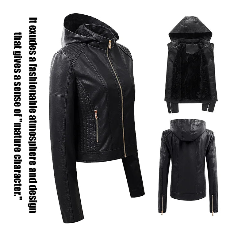 Detachable Hooded Ladies Leather Jacket