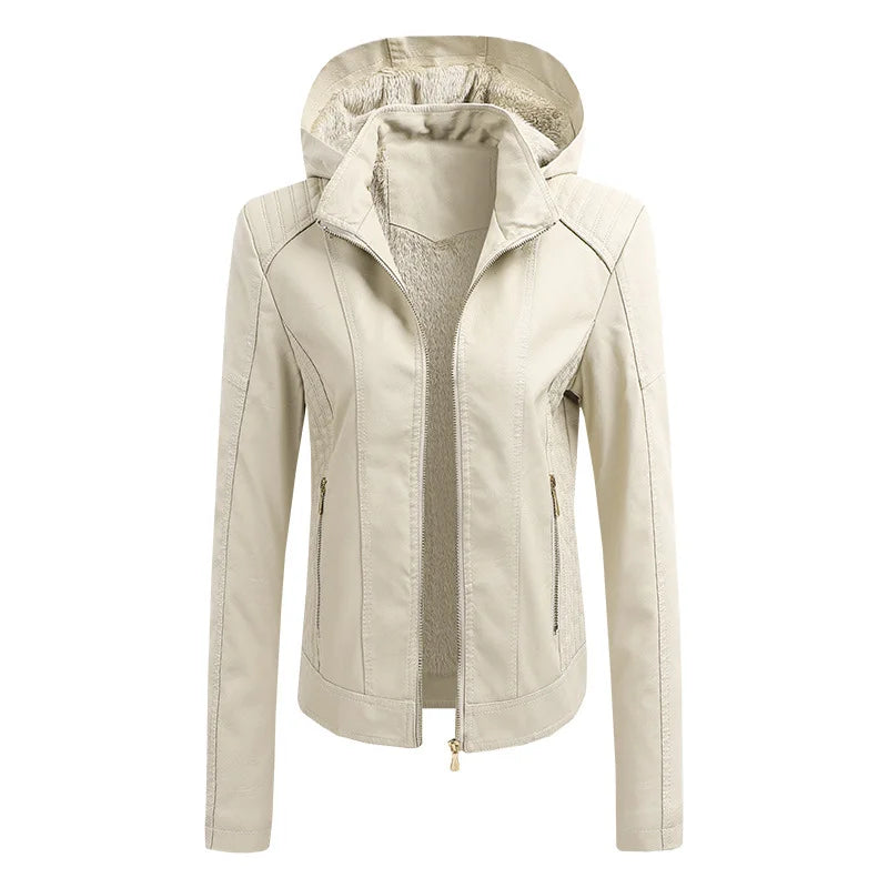 Detachable Hooded Ladies Leather Jacket