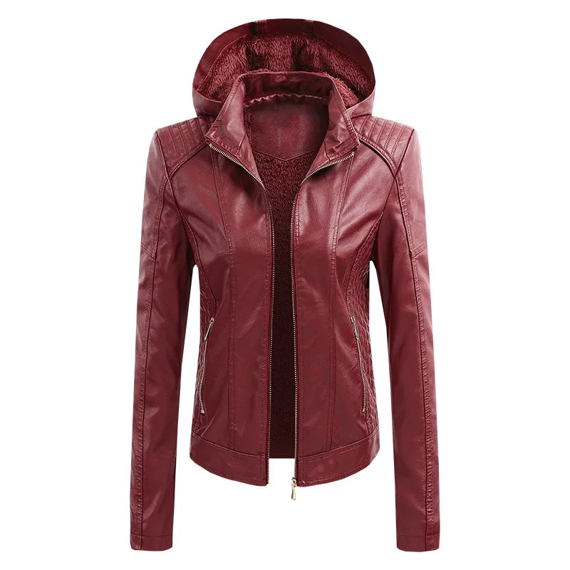 Detachable Hooded Ladies Leather Jacket