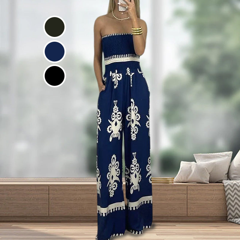 Dames Etnische Print Strapless Jumpsuit met Hoge Taille en Losse Pasvorm