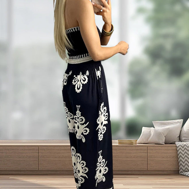 Dames Etnische Print Strapless Jumpsuit met Hoge Taille en Losse Pasvorm