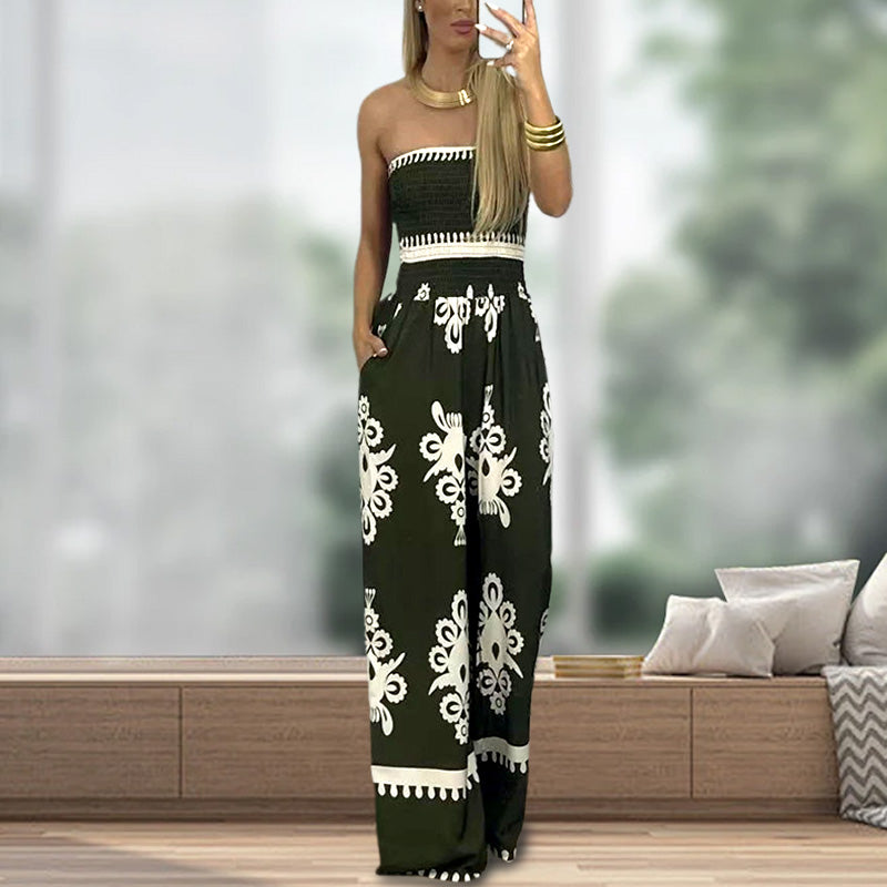 Dames Etnische Print Strapless Jumpsuit met Hoge Taille en Losse Pasvorm