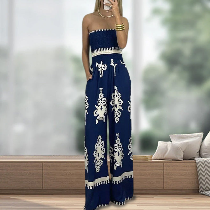 Dames Etnische Print Strapless Jumpsuit met Hoge Taille en Losse Pasvorm