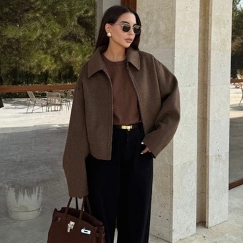 Women's Solid Color Zippered Lapel Short Jacket