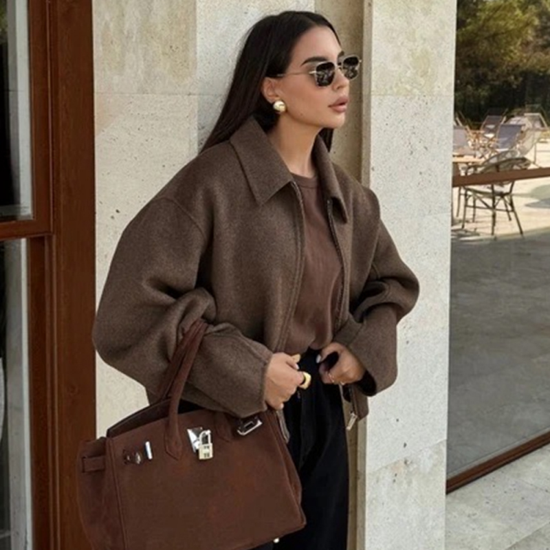 Women's Solid Color Zippered Lapel Short Jacket