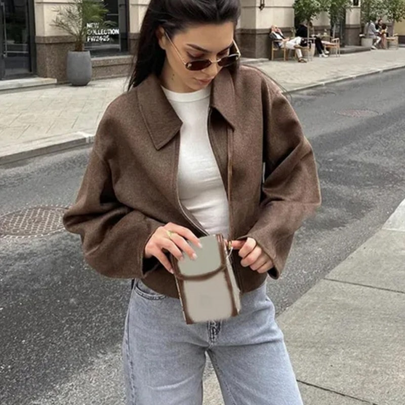 Women's Solid Color Zippered Lapel Short Jacket