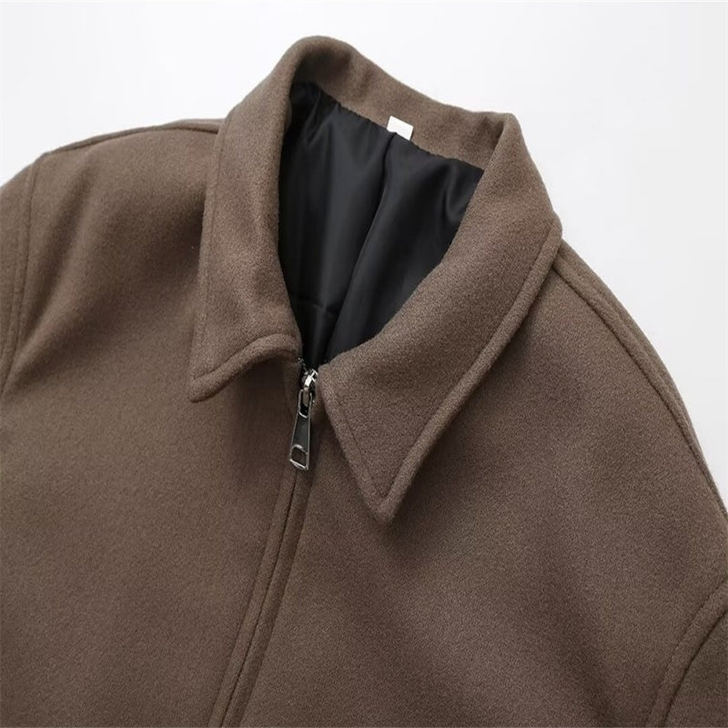 Women's Solid Color Zippered Lapel Short Jacket