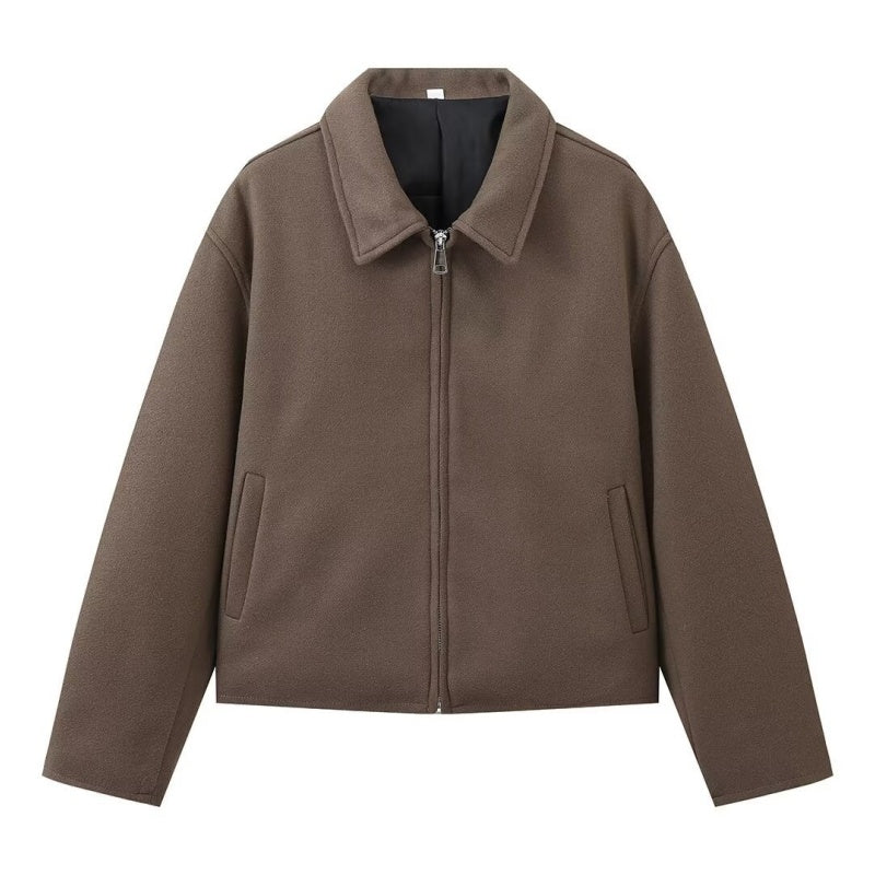 Women's Solid Color Zippered Lapel Short Jacket