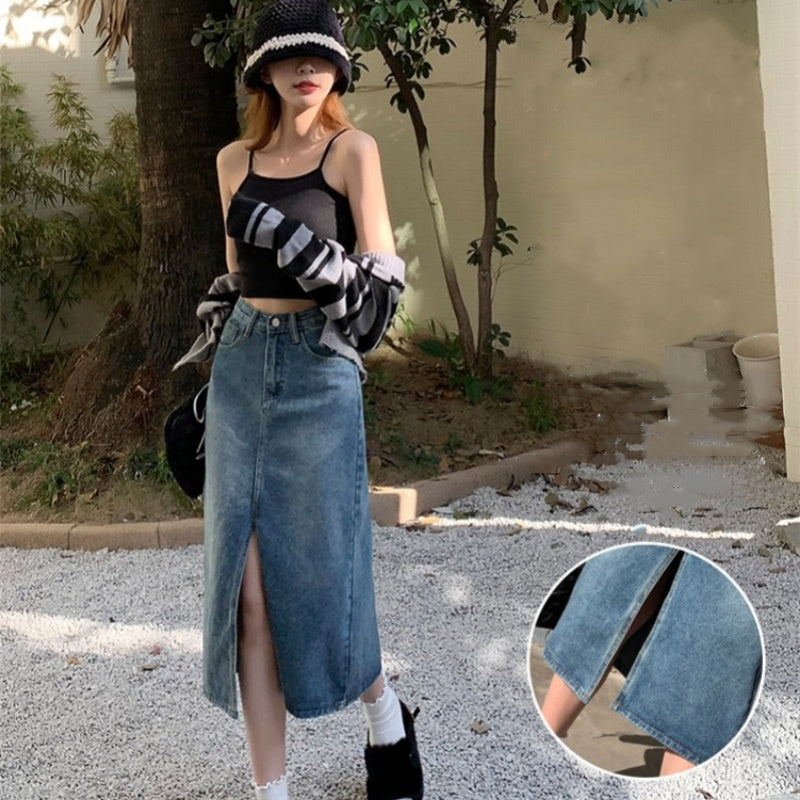 High-Waisted Denim Skirt With Slit