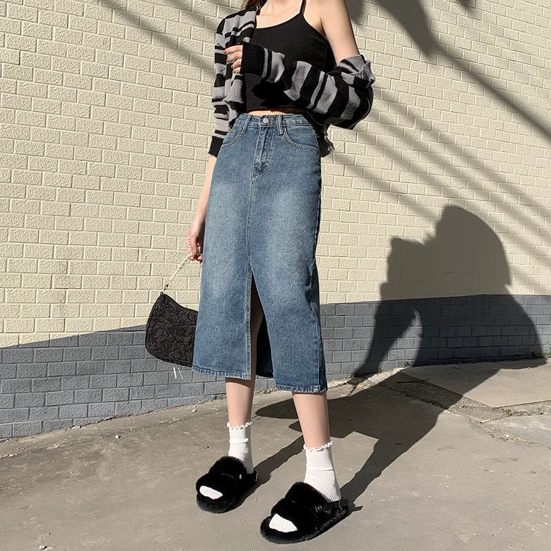 High-Waisted Denim Skirt With Slit