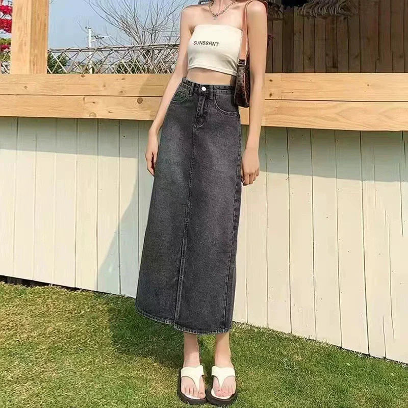 High-Waisted Denim Skirt With Slit