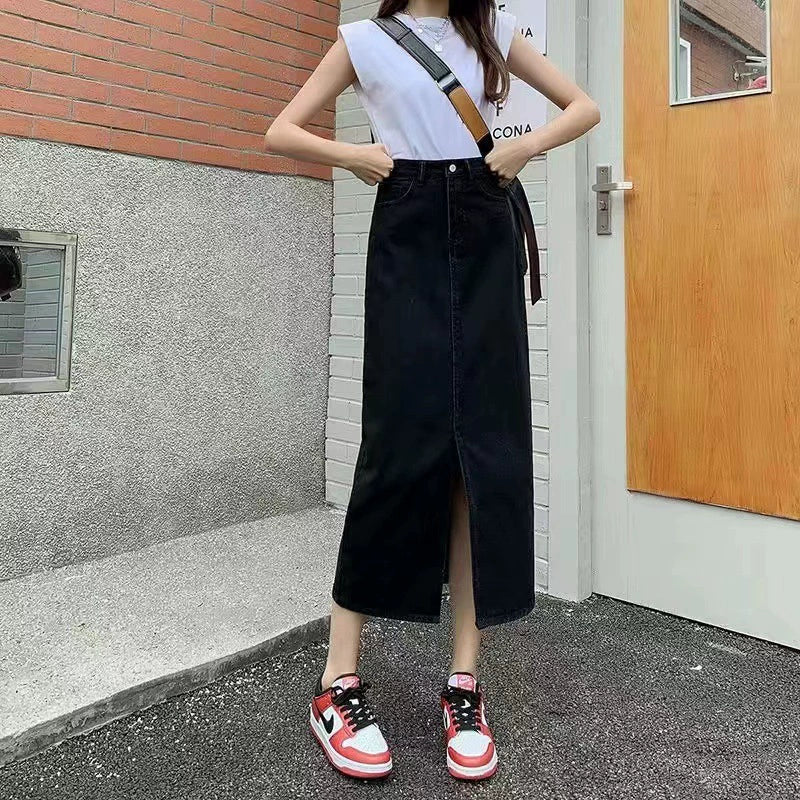 High-Waisted Denim Skirt With Slit