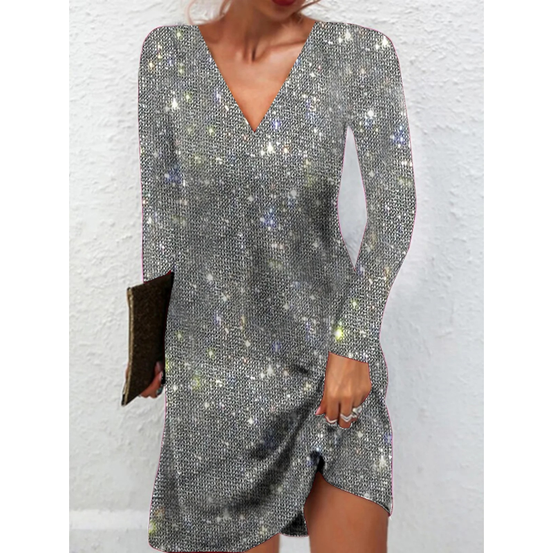 Graceful V-Neck Long Sleeve Glitter Sequin Dress🔥Limited time offer