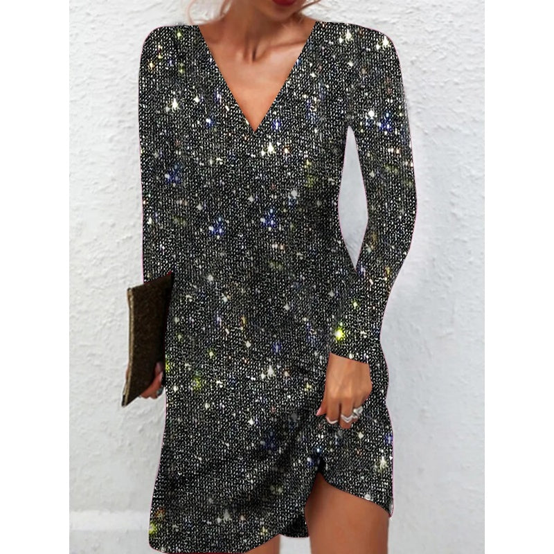 Graceful V-Neck Long Sleeve Glitter Sequin Dress🔥Limited time offer
