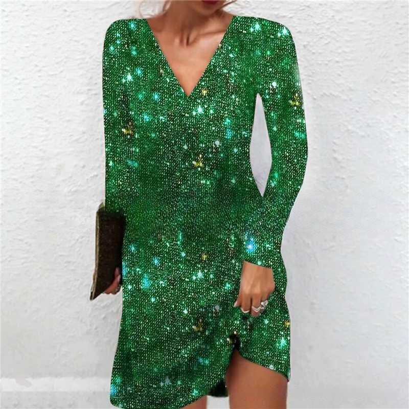 Graceful V-Neck Long Sleeve Glitter Sequin Dress🔥Limited time offer