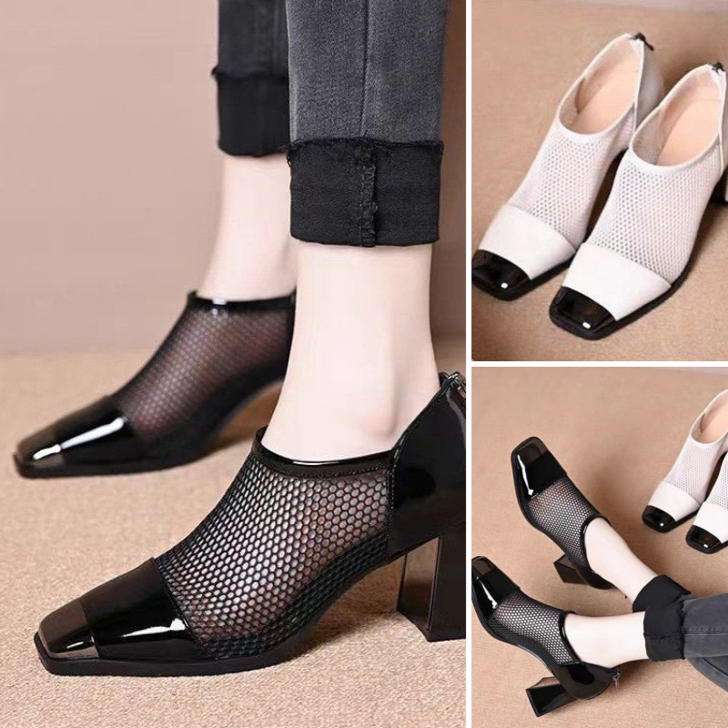 Women's Fashion Hundred Mesh Chunky Heel Square Toe Shoes