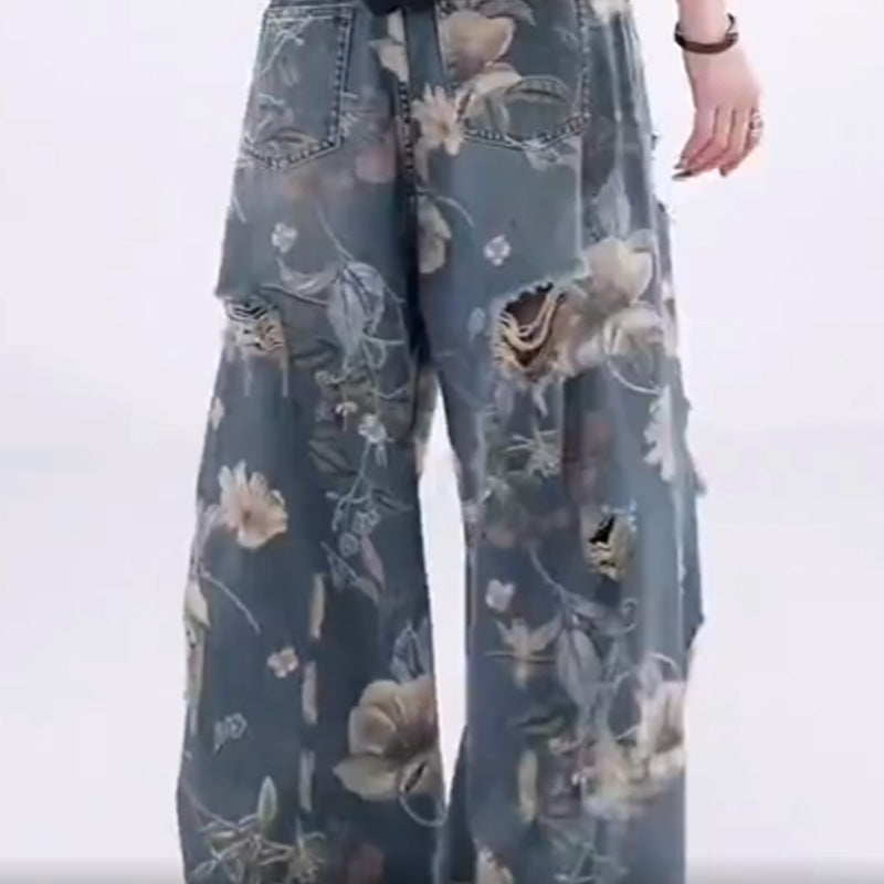 Women's Loose Ripped Wide-Leg Denim Jeans