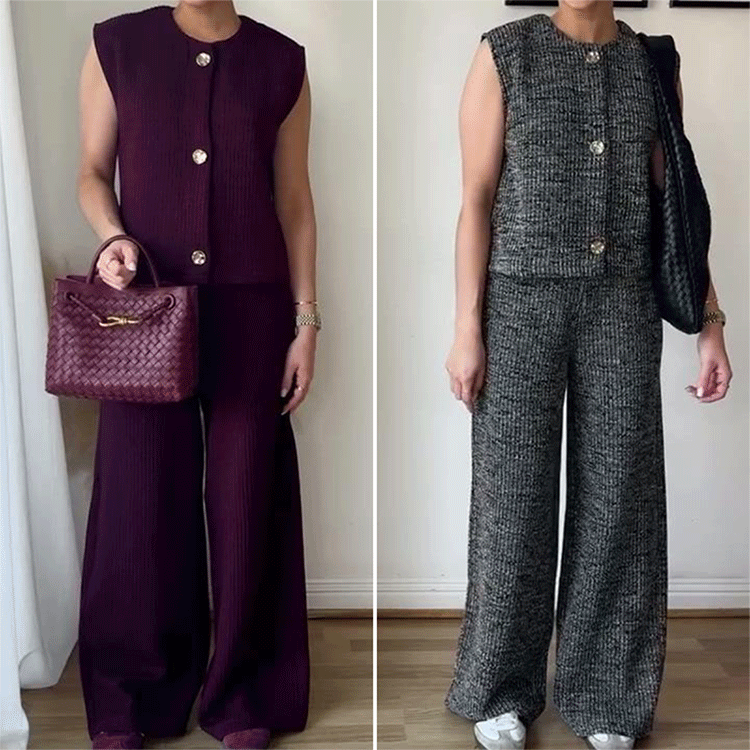 Women's Round Neck Button Down Sleeveless Vest & Pants Set