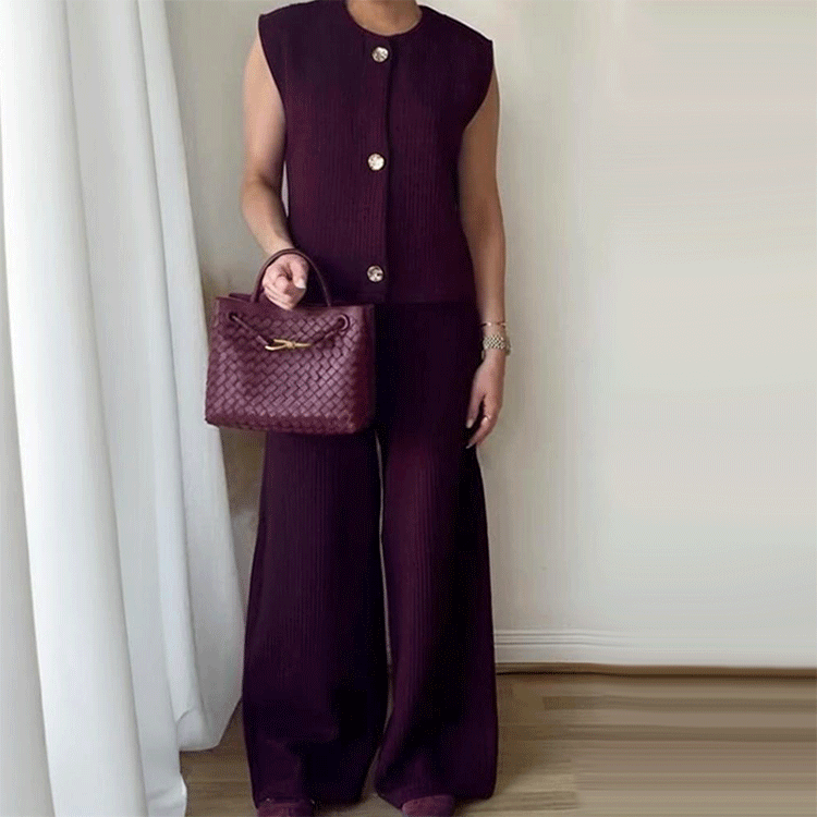 Women's Round Neck Button Down Sleeveless Vest & Pants Set