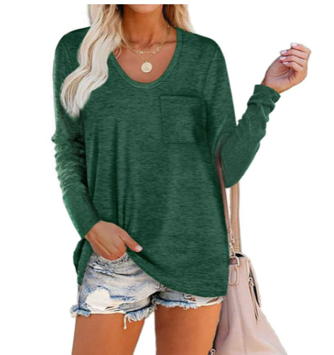 Solid Color Pocket Crew Neck Long Sleeve T-Shirt