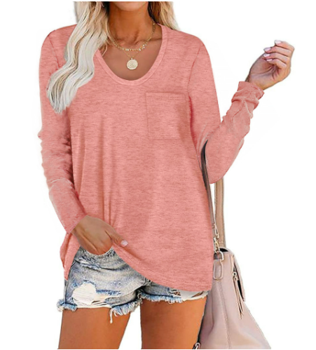 Solid Color Pocket Crew Neck Long Sleeve T-Shirt