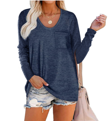 Solid Color Pocket Crew Neck Long Sleeve T-Shirt