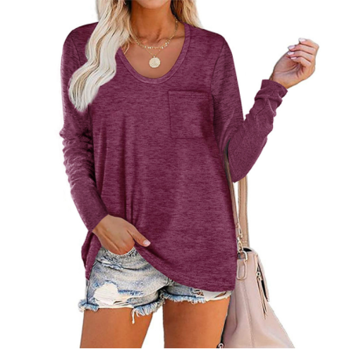 Solid Color Pocket Crew Neck Long Sleeve T-Shirt