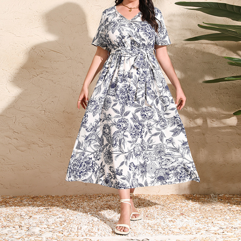 V-Neck Floral Tie-Waist Maxi Dress