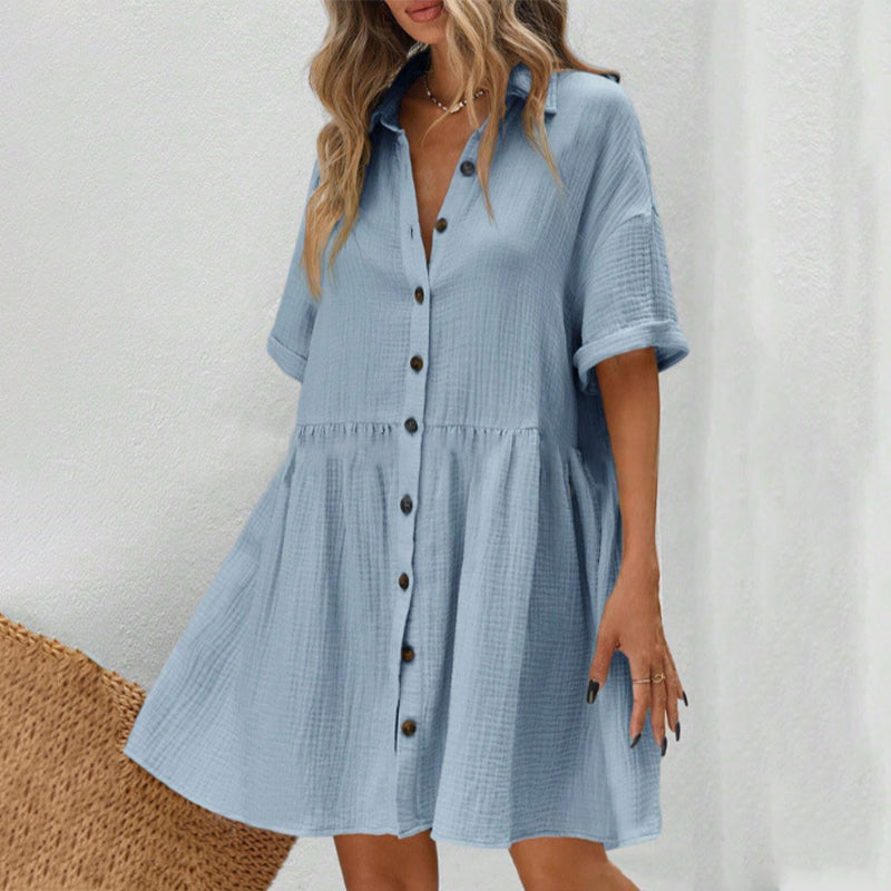 Shirt Neck Short Sleeve Button Midi Dress