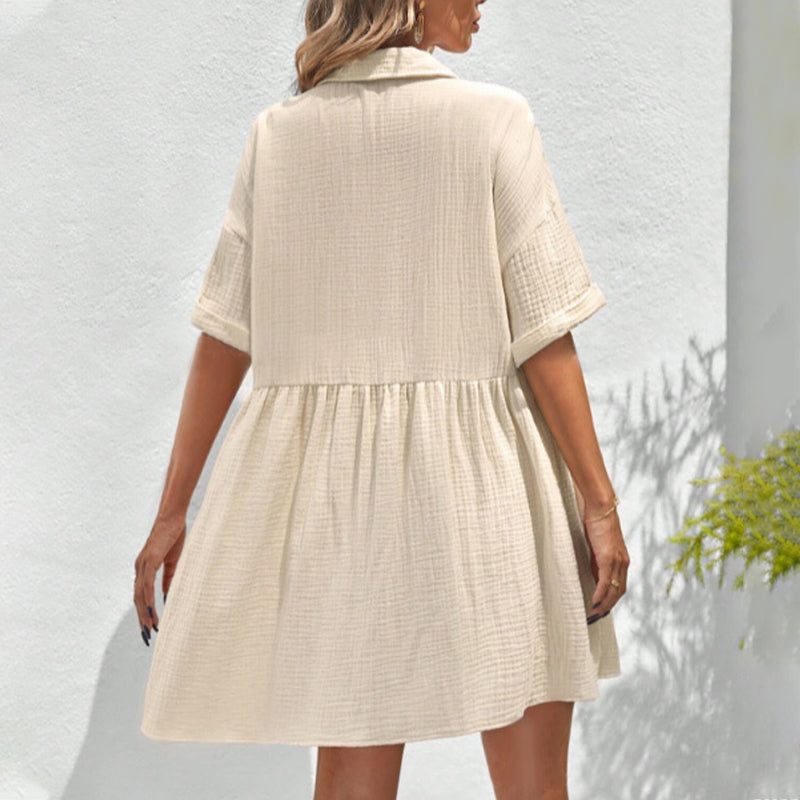 Shirt Neck Short Sleeve Button Midi Dress