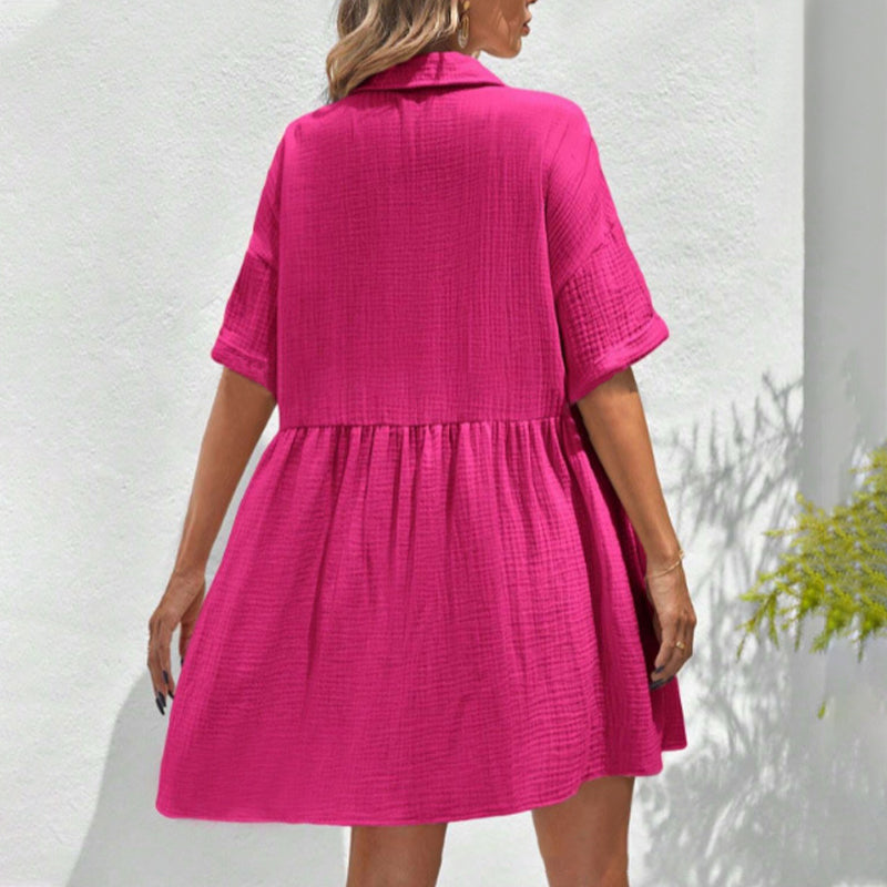 Shirt Neck Short Sleeve Button Midi Dress