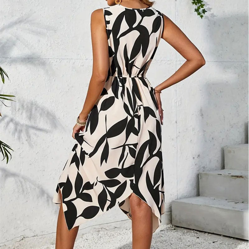 Sleeveless Printed Handkerchief Hem Dress