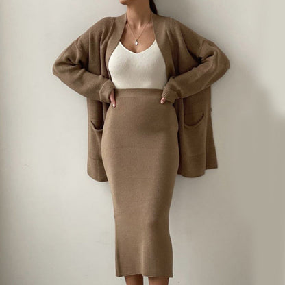 Women's Casual Knit Cardigan Sweater & High Waist Skirt 2-Piece Set