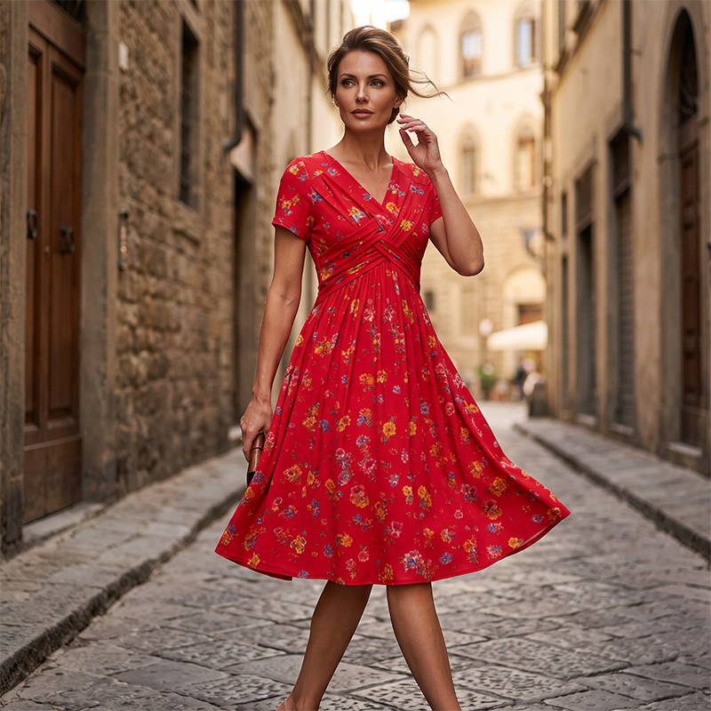 👗Women's V-Neck Floral Print Dress with Twist Waist