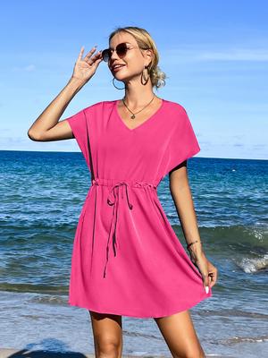 Summer Printed Drawstring V-Neck Loose Beach Dresses