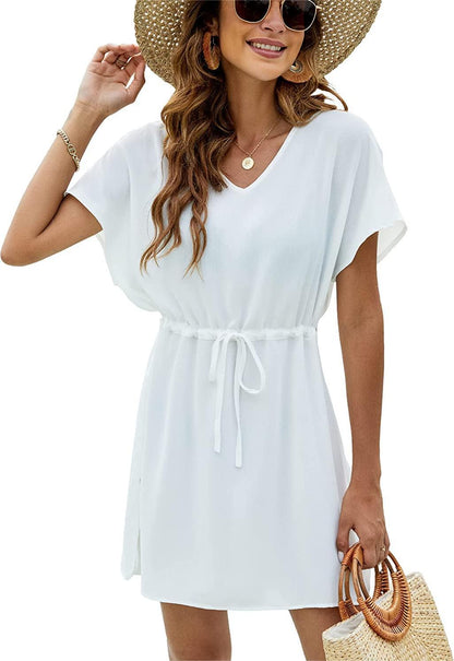 Summer Printed Drawstring V-Neck Loose Beach Dresses