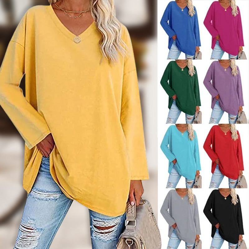 Women's loose long sleeve fashion V-neck knit top