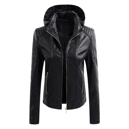 Detachable Hooded Ladies Leather Jacket