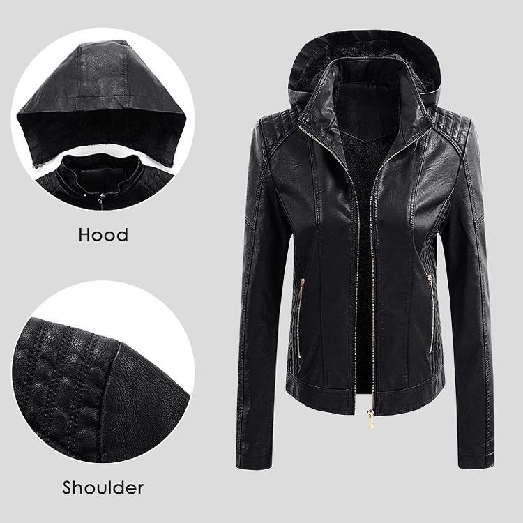 Detachable Hooded Ladies Leather Jacket