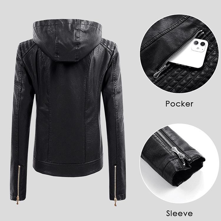 Detachable Hooded Ladies Leather Jacket
