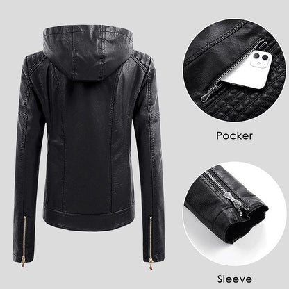 Detachable Hooded Ladies Leather Jacket