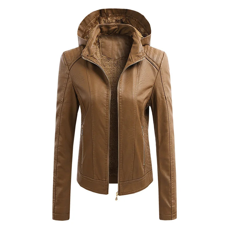 Detachable Hooded Ladies Leather Jacket