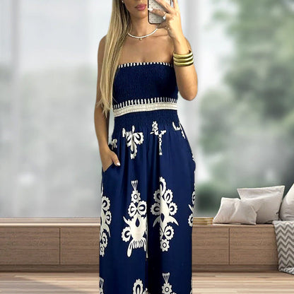 Dames Etnische Print Strapless Jumpsuit met Hoge Taille en Losse Pasvorm