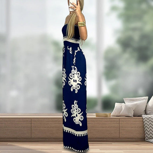 Dames Etnische Print Strapless Jumpsuit met Hoge Taille en Losse Pasvorm