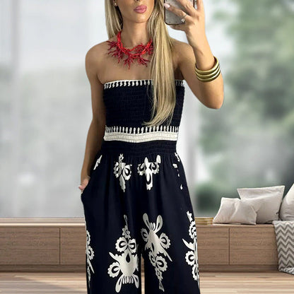 Dames Etnische Print Strapless Jumpsuit met Hoge Taille en Losse Pasvorm