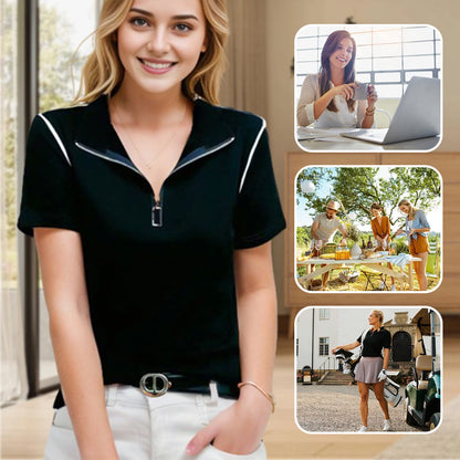 Women's Trendy Zip Short Sleeve V Neck Loose Fit T-Shirt