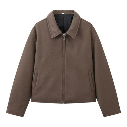 Women's Solid Color Zippered Lapel Short Jacket