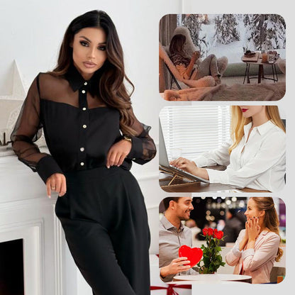 Women's Sheer Mesh Patchwork Button-Down Lapel Shirt