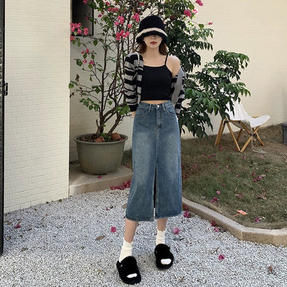 High-Waisted Denim Skirt With Slit