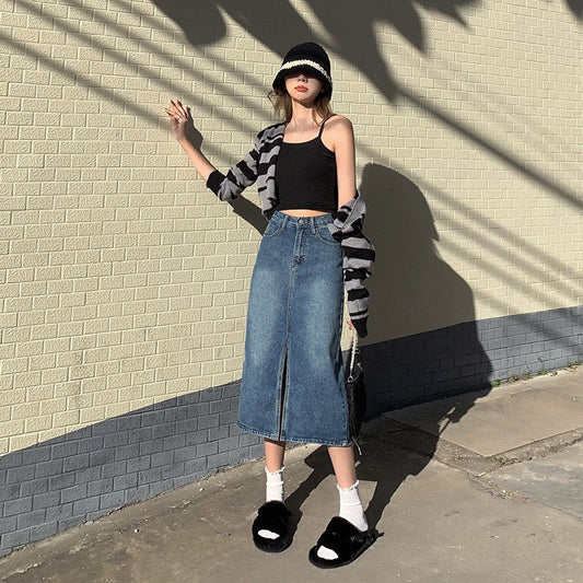 High-Waisted Denim Skirt With Slit